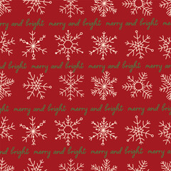Retro Christmas, New Year seamless pattern, snowflake, text, merry and bright, fabric wallpaper