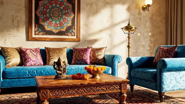 Cozy living room setting features blue couch and chair arranged around vibrant coffee table, evoking sense of serenity and calmness, ideal for commercial uses that require feeling of relaxation.