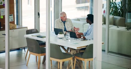 Communication, men or career consultant with laptop in office, client assessment or job search assistance. Goal setting, pc or people talk for skills evaluation, expert advice or guidance from above