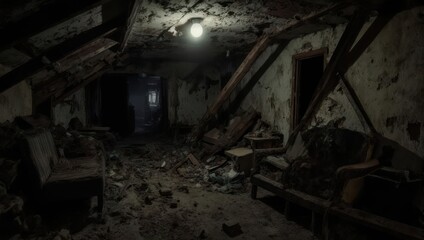 Dark and Eerie Attic with Exposed Beams and Dim Lighting.