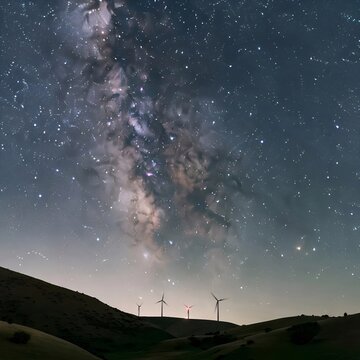 The night view of the wind power generator with the Milky Way shining
