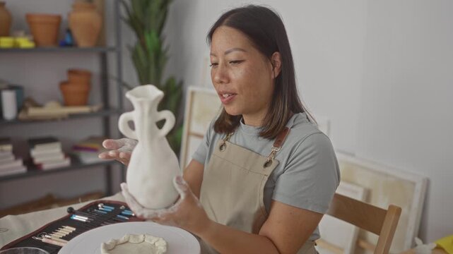 Woman wearing apron holding ceramic vase with clay hands shaping pottery at worktable with sculpting tools in studio; creativity calm focus.