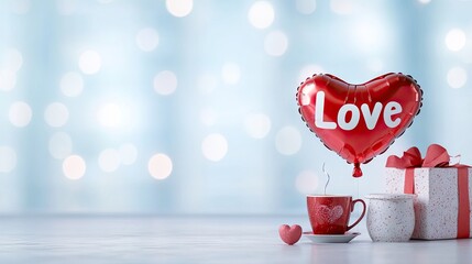 A red balloon shaped like the word love complements a white gift box and coffee set, bringing a cheerful Valentine's Day vibe in a well-lit studio environment