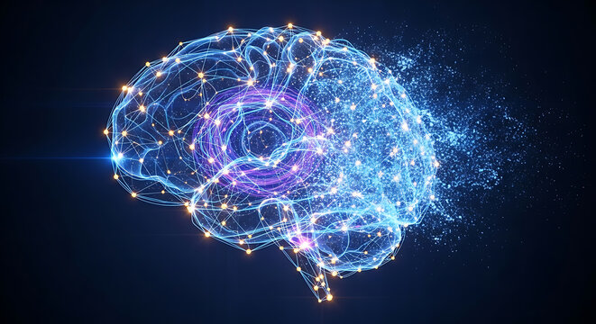 A glowing neural network brain with pulsing golden nodes, transforming into data streams and digital particles on a dark background. Conceptual art.