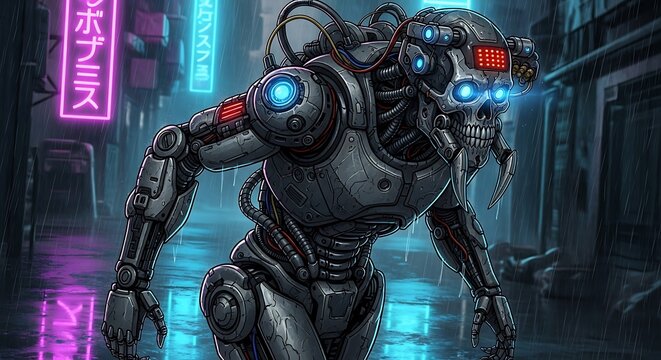 Cyberpunk Robot Skull Warrior in Neon City Alley.