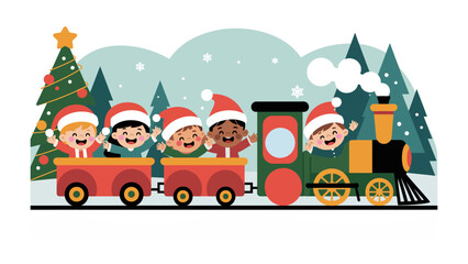 Whimsical Christmas Train Adventure: Joyful children dressed in Santa hats embark on a magical Christmas train ride, their eyes sparkling with festive anticipation.