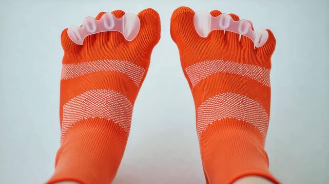 Orange socks with toe separators for foot health, toe spreader therapy, comfortable fit, wellness routine, physiotherapy aid, foot alignment, daily use, foot care, active lifestyle, sock design