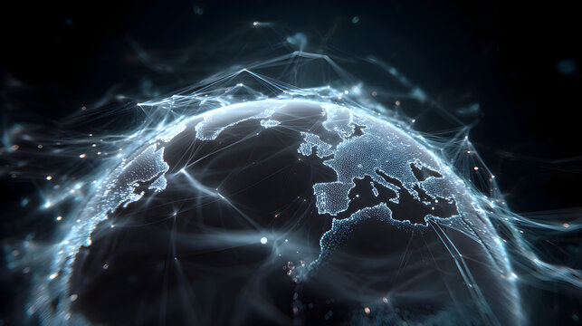 Digital globe with futuristic network mesh glowing softly