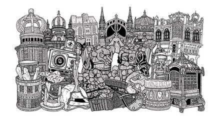 Obraz premium Intricate Hand-Drawn Chess Pieces and Architectural Elements Illustration.