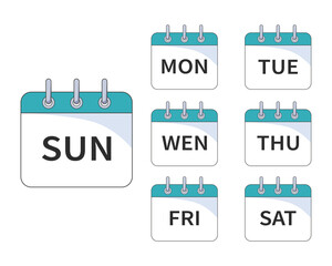 Seven weekday calendar icons. Sunday, monday, tuesday, wednesday, thursday, friday, saturday symbol.