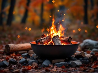 A warm campfire burning in a metal firepit surrounded by autumn trees, soft bokeh lights, and cozy seasonal decorations. A peaceful fall outdoor atmosphere with glowing flames