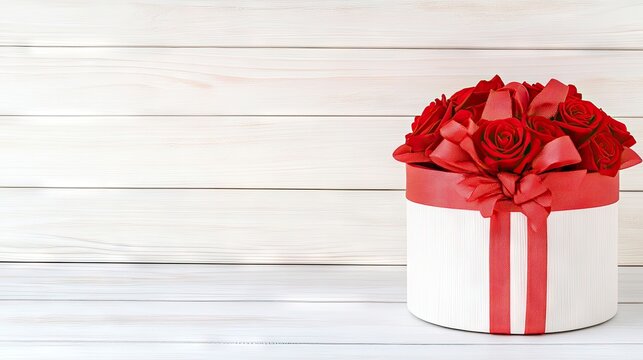 A stunning arrangement of vibrant red roses sits elegantly in a gift box, placed on a table against a clean white wall, perfect for special occasions and announcements