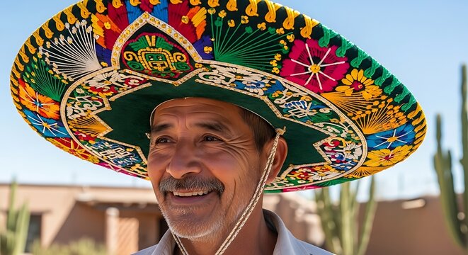 Smiling Mexican Man Wearing a Colorful Sombrero Hat Outdoors.