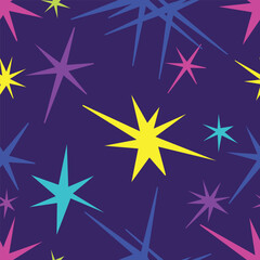 A striking seamless vector pattern featuring vibrant, multicolored abstract stars scattered across a dark background. This vibrant, contrasting design is perfect for textiles and packaging.
