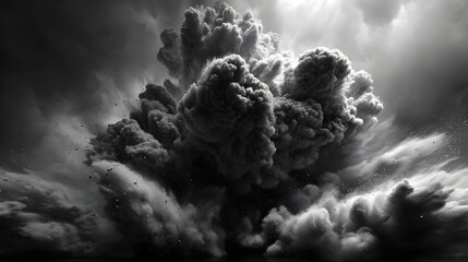 Dramatic black cloud explosion with flying particles and depth