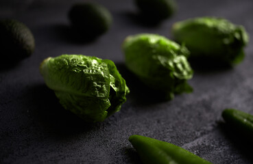 Market Green Vegetables Kale Lettuce Pepper Close Up Minimal Fresh Produce Dark Low Key Still Life
