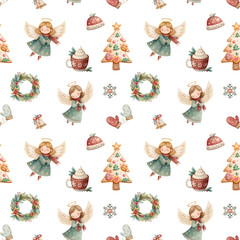 Christmas Angels Tree Cocoa Wreath Seamless Pattern