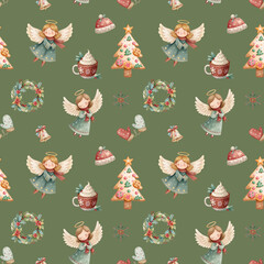 Christmas Angels Cocoa Trees Green Seamless Pattern