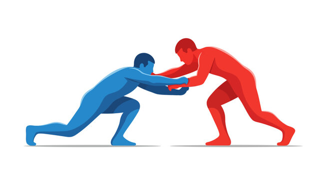 Two wrestlers in a grappling stance, ready for competition.