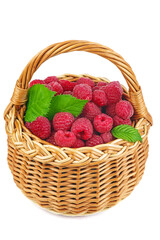 Ripe raspberries in wicker basket isolated on white background