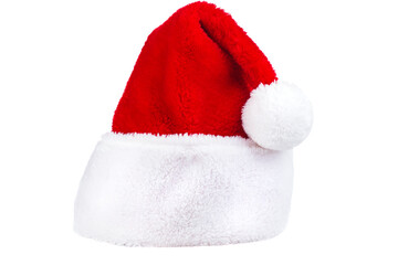 Red Santa hat with white pom-pom. Cristmas accessory. Isolated on white background