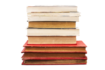 Pile of old vintage books with gilt edges isolated on white or transparent background, png cut out