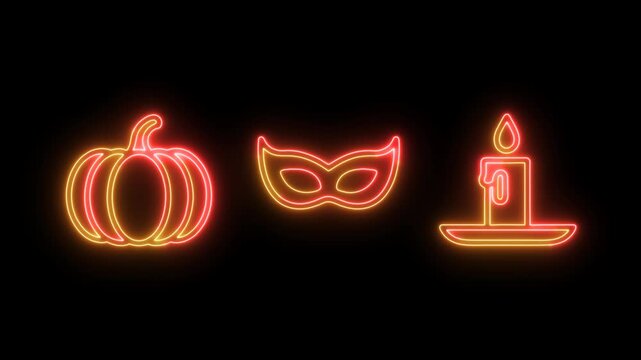 Halloween Night Pumpkin, Mask, and Candle Icons Glow in Neon Orange on Black.
