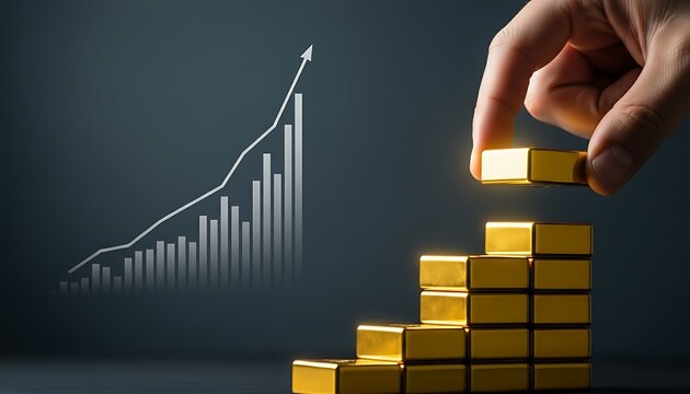 Building wealth and success with golden blocks and a rising financial graph symbolizing growth and investment strategy