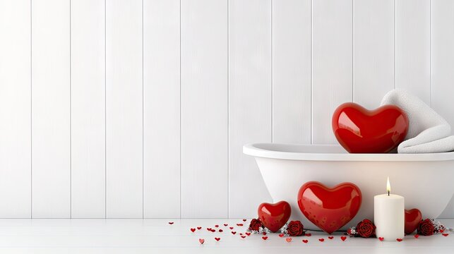 A beautifully decorated bathroom designed for Valentine's Day features heart-shaped balloons, confetti, flowers, a bathrobe, and candles, creating a romantic atmosphere for relaxation