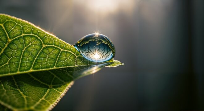 Stunning macro shot of a spherical water droplet on a leaf tip, reflecting light with a star-burst effect. The intricate leaf venation is clearly visible with dramatic lighting.