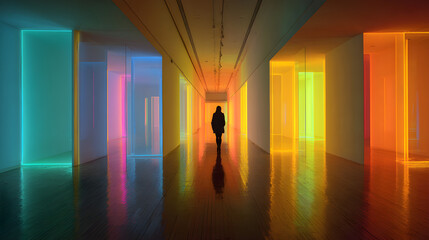 Figure Strolling Through Rainbow Light Installation in Modern Art Hallway