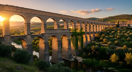 Obraz premium Roman Aqueduct of Segovia at Sunset - A Timeless Architectural Marvel.