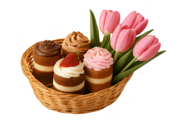 Basket featuring cupcakes and pink tulips on transparent background