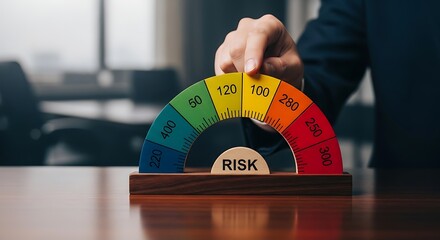 Professional adjusting colorful risk meter gauge showing financial assessment and business strategy on office desk