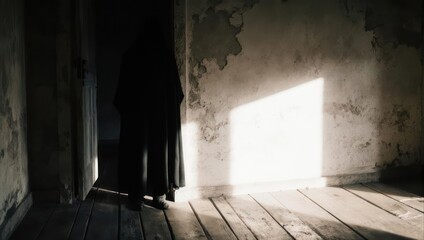 Silhouette of a person standing in a dark room with a bright light shining through a doorway.