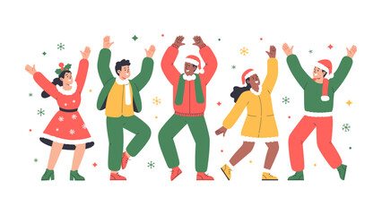 Festive Cheer and Movement: A dynamic group, adorned in seasonal attire, joyfully moves in synchronized dance, embracing the spirit of merriment.