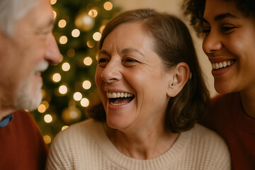 family gathering: smiling woman with loved ones near christmas tree with warm holiday lights