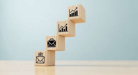 Wooden blocks stacked to represent business growth stages from communication to success, ideal for financial planning and career development visuals.