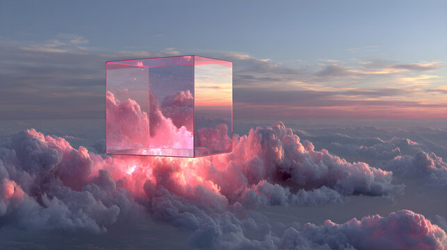 Floating Glass Cubes with Pink Glow Above Cloud Horizon - Powered by Adobe