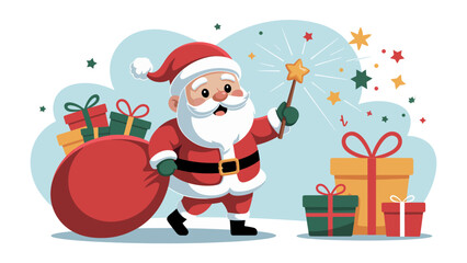 Santa's Festive Magic: Santa Claus, the jolly icon of Christmas, is captured mid-stride, carrying a large sack of gifts. He conjures a sparkling wand amid wrapped presents and stars.