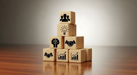 Unlock business growth with strategic icons representing teamwork, innovation, ideas, and financial success stacked in a pyramid