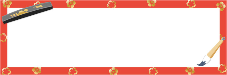 赤に金小花柄の毛氈・書初め、書道の半紙フレーム背景。横断幕サイズ1600×600mm300dpi