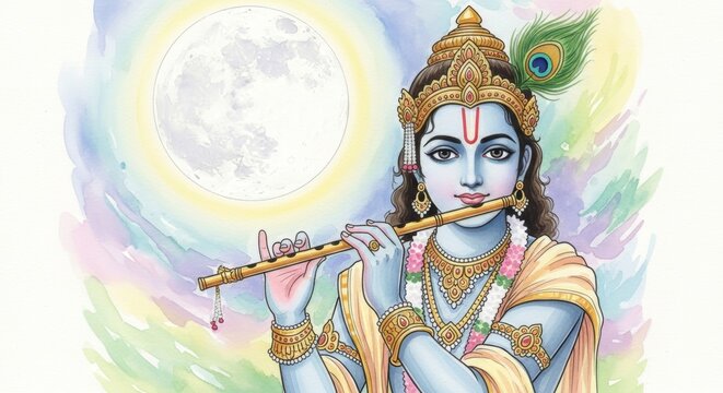 Lord Krishna with Flute Radiating Serenity Underneath a Luminous Moon Glow - Powered by Adobe