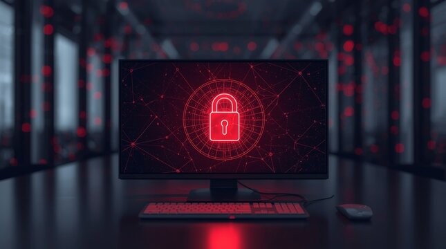 Cybersecurity concept with red padlock icon on computer screen symbolizing data protection, privacy, and digital defense in dark futuristic office environment with network connections