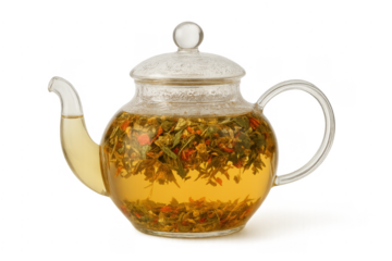 Glass teapot brewing hot herbal tea infusion transparent