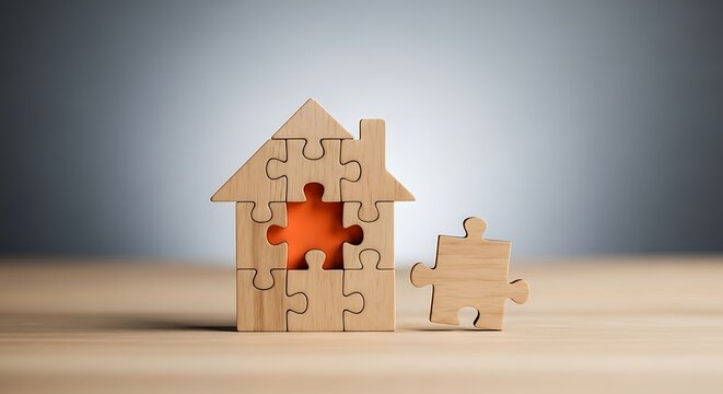 Wooden house puzzle pieces forming home symbol with one piece missing, representing real estate solutions and building dreams.