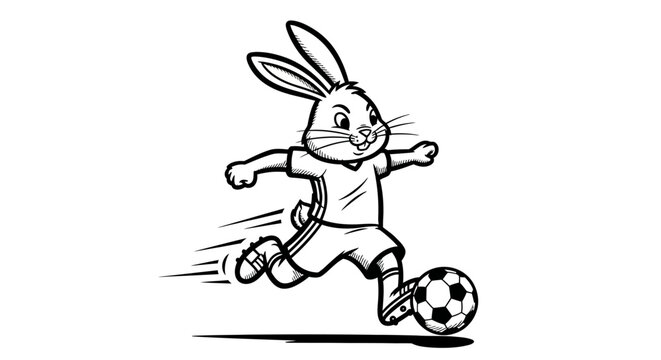 Cartoon rabbit soccer player in action, running and kicking the ball illustration