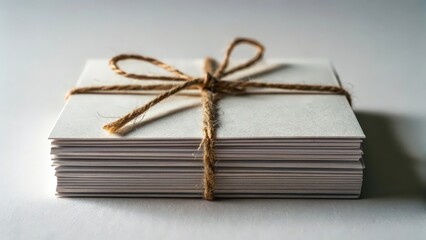 A stack of business cards neatly tied with natural twine in a close up view