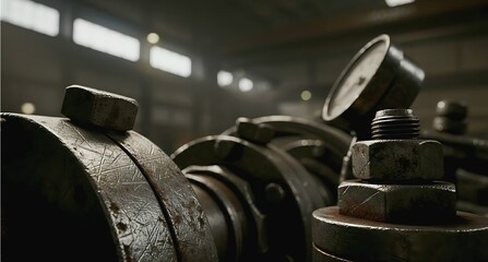 Close-up industrial machinery with worn metal textures, bolts and gauges in a dim workshop, gritty mechanical engineering aesthetic. AI generated.