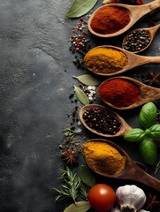 Fototapeta premium Aromatic spices in wooden spoons with herbs, peppercorns, bay leaves, and fresh vegetables on dark stone background for cooking.